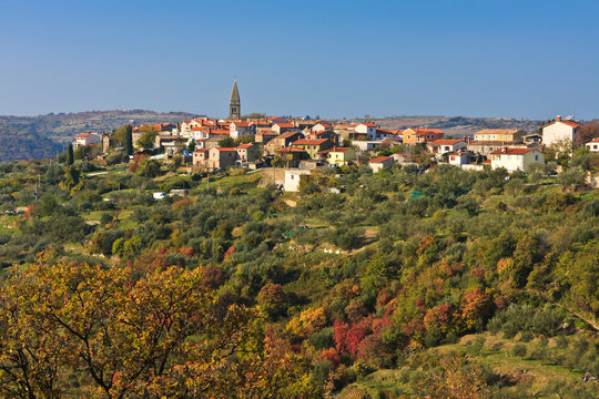 Typical old Istrian village Padna on a hill in autumn, Slovenia