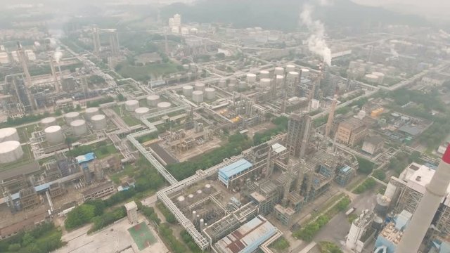 Oil refinery, heavy industry, air pollution China aerial 