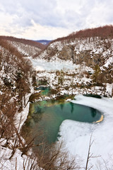 Frozen waterfalls of Croatian national park Plitvice lakes in winter