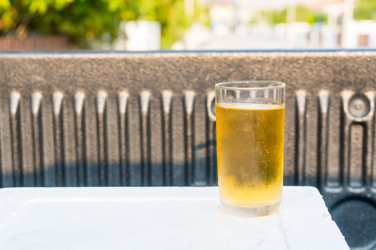 Beer In A Glass On Foam Box In The Dump Truck.