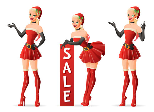 Beautiful girls in Santa costume in different poses. Vector set.