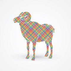 Sheep with big horn standing designed using colorful pixels graphic vector.