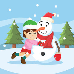 girl hug snow man