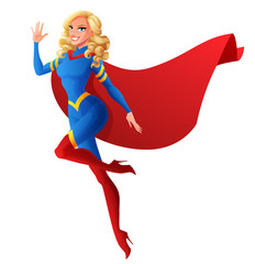 Beautiful sexy superhero woman flying and waving hand. Vector illustration. © maia3000