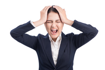 Portrait of exhausted asian businesswoman isolated on white.