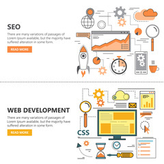 Search Engine Optimization and Web development flat thin line design banners. Vector icons