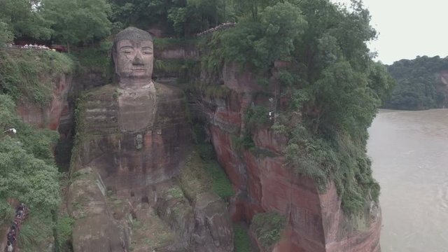 Static aerial shot of the giant Buddha statue in Leshan, China