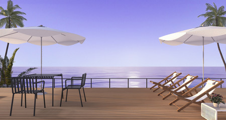 3d rendering nice beach dining set with bench on wooden terrace near sea