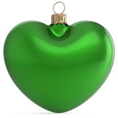 Christmas ball New Years Eve bauble green heart shape adornment decoration blank. Happy Merry Xmas traditional wintertime holiday ornament love romantic greeting card festive design element