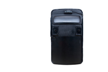 black tactical ballistic shield with flash light isolated on whi