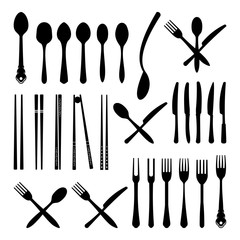 Spoon Fork Knife and Chopsticks - Cutlery Icon Silhouette Set