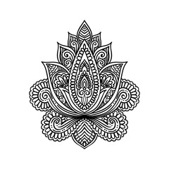 Vector ornamental Lotus flower, ethnic art, patterned Indian paisley. Hand drawn illustration. Invitation element. Tattoo, astrology, alchemy, boho and magic symbol.