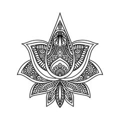 Vector ornamental Lotus flower, ethnic art, patterned Indian paisley. Hand drawn illustration. Invitation element. Tattoo, astrology, alchemy, boho and magic symbol.