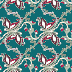 Fototapeta premium Seamless pattern with hatched floral ornament. Retro style. Hand drawn creative flower. Abstract herb. It can be used for wallpaper, textiles, wrapping. Vector illustration, eps10.