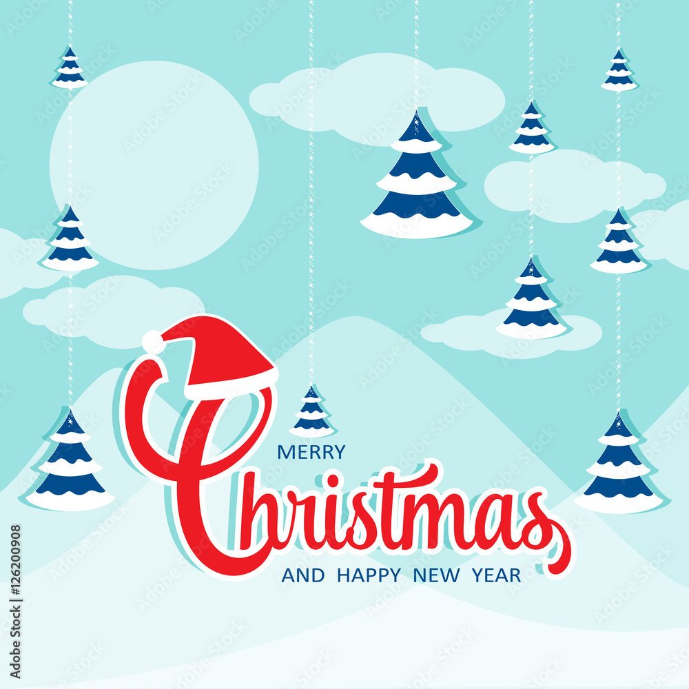 Aufkleber merry christmas and happy new year vector design with christmas trees and nice sky.