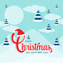 Merry Christmas and Happy New Year vector design with Christmas trees and nice sky.