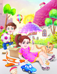 Obraz na płótnie Canvas Boy and girl with toy outside near cat