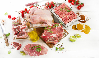 Different types of raw meat with fresh vegetables and herbs.