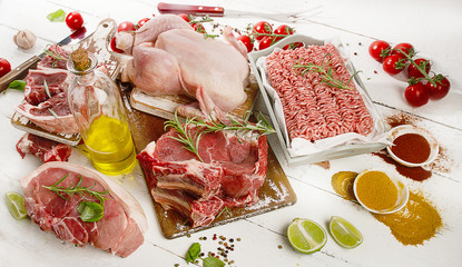 Different types of raw meat with fresh vegetables, herbs and spi