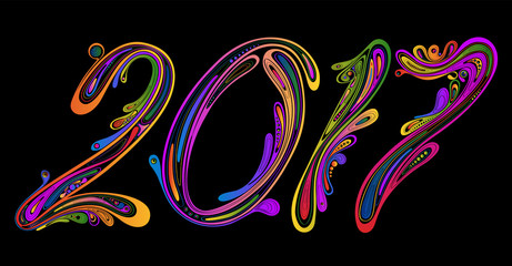 New year and Christmas 2017. Colored figures of vector patterns on a black background