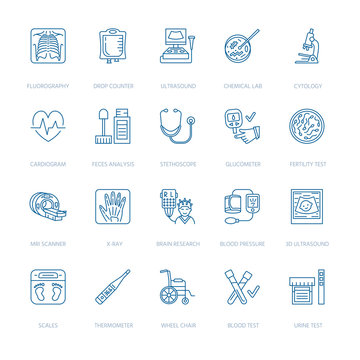 Vector thin line icon of medical equipment, research. Medical check-up, test elements - MRI, x-ray, glucometer, ultrasound, laboratory. Linear pictogram with editable stroke for clinic, hospital.