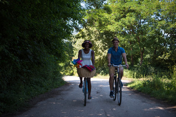 Obraz premium Young couple having joyful bike ride in nature