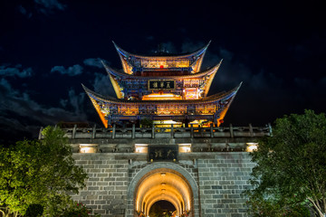 DALI, YUNNAN PROVINCE, CHINA - OCTOBER 15, 2016 : Wuhua House at night as the landmark of Dali Town...