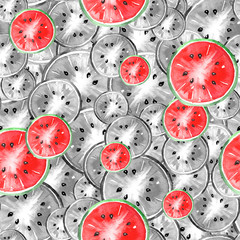 Watercolor seamless vintage pattern with watermelon, kiwi pattern. Slices, watermelon fruit. The colors  black, white, red