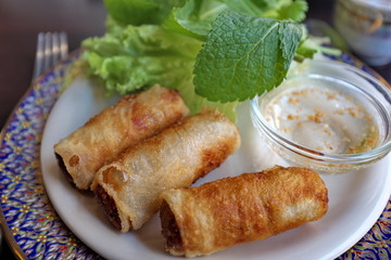 assiette de nems avec feuilles de menthe 