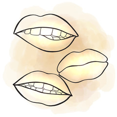 A set of lips on a watercolor background. Open mouth with tongue