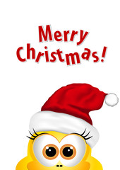 Christmas card with chickens in Santa hat. Rooster symbol New Ye