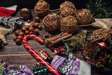 Christmas or New Year dark wooden background, Xmas brown board f