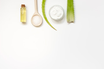 Alternative skin care aloe vera top view on white background
