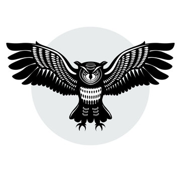 Owl in flight, with outstretched wings and claws released. The silhouette of the lines. Logo. eps8
