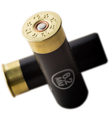 Square shot of Two black 12 gauge hunting cartridges isolated