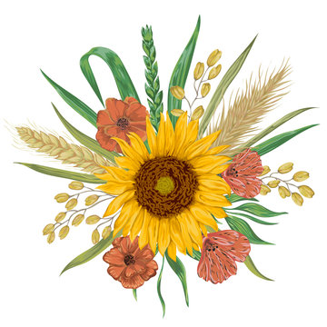 Sunflower, barley, wheat, rye, rice, poppy. Collection decorative floral design elements. Isolated elements. Bouquet with cereals and flowers. Vintage vector illustration in watercolor style.