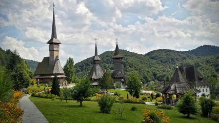 Fototapeta na wymiar Wood churches inside Barsana Monastery, Maramures Romania