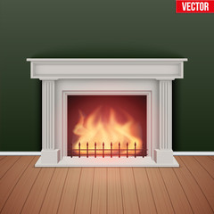 Fireplace in house cozy room. Realistic style design. Vector Illustration.