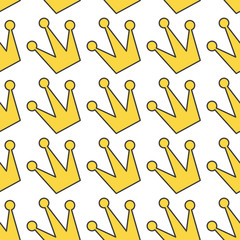 Gold yellow contour crown icon. King, queen, princess accessory. Seamless Pattern Wrapping paper, textile template. White background. Flat design.