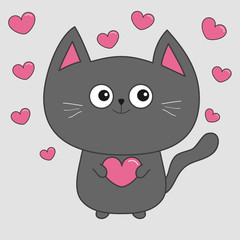 Gray contour cat holding pink heart set. Cute cartoon character. Kawaii animal Pet collection. Flat design.