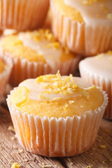 freshly baked lemon muffins with frosting macro. Vertical