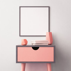 Mockup poster in the interior with a table in trendy colors. 3d