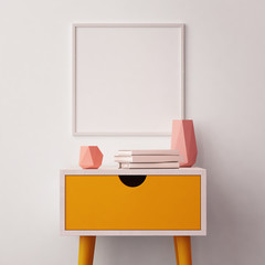 Mockup poster in the interior with a table in trendy colors. 3d
