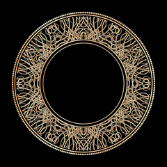 Round ornate gold frame consisting of vignettes in art nouveau style on a black background. Vector illustration