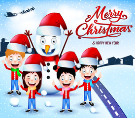 Snowman and Children Playing Snowballs Outdoor on Winter Season Vector Illustration
