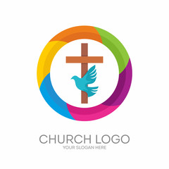 Obraz premium Church logo. Christian symbols. The Cross of Jesus, the Holy Spirit - Dove.