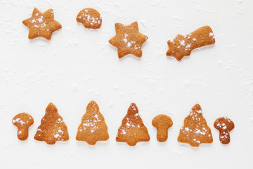 Fototapeta na wymiar Christmas chocolate and ginger brown cookies in shape of fir-tree, star, moon and mushrooms. White background with powdered sugar, top view.