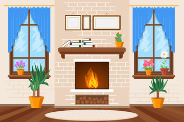 Classic living room interior with fireplace and bookshelves vector illustration