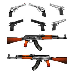 realistic pistols, revolvers and Kalashnikov machine gun