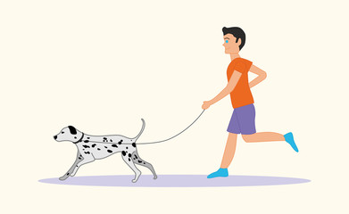 Man or boy running with dog breed Dalmatian. Vector illustration isolated on white background